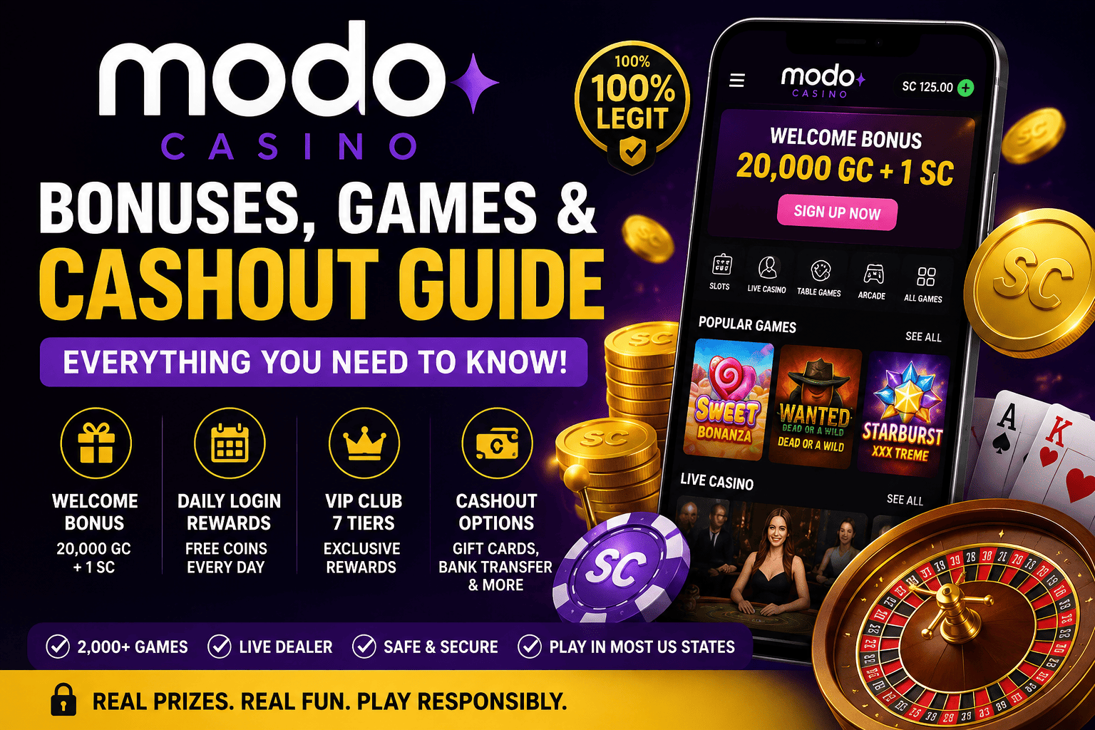 Modo Casino featured image showing welcome bonus, free Sweeps Coins, casino games, VIP rewards, live dealer games, and cashout options for US players