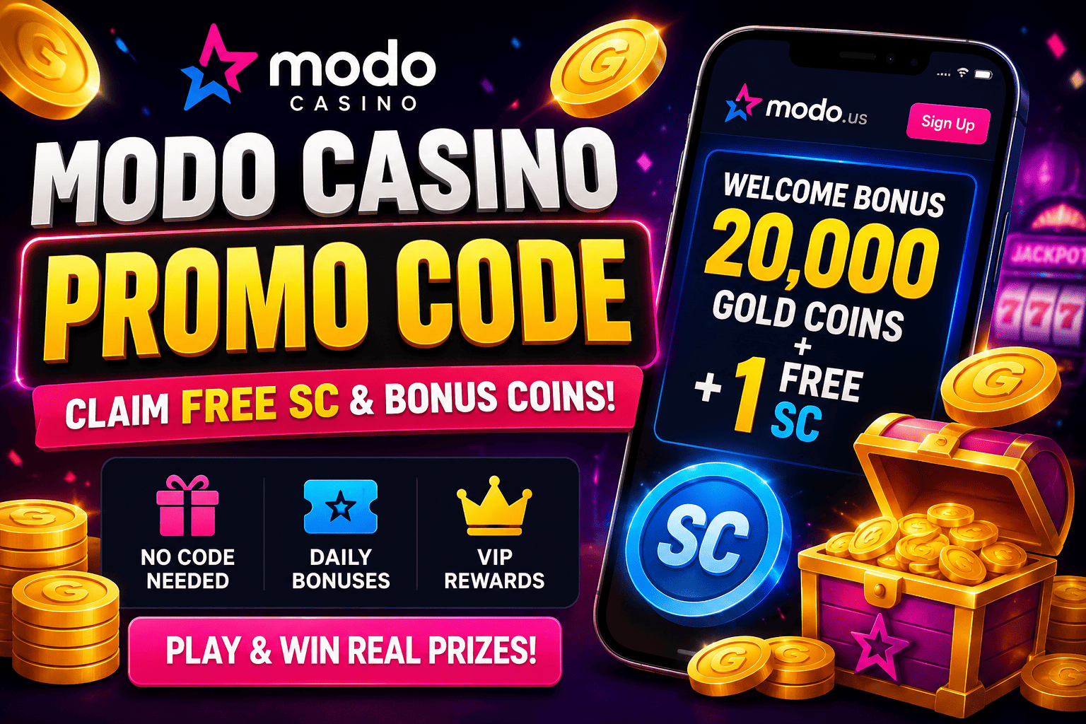 Modo Casino promo code featured image with free Sweeps Coins, bonus coins, welcome rewards, and VIP benefits for new users