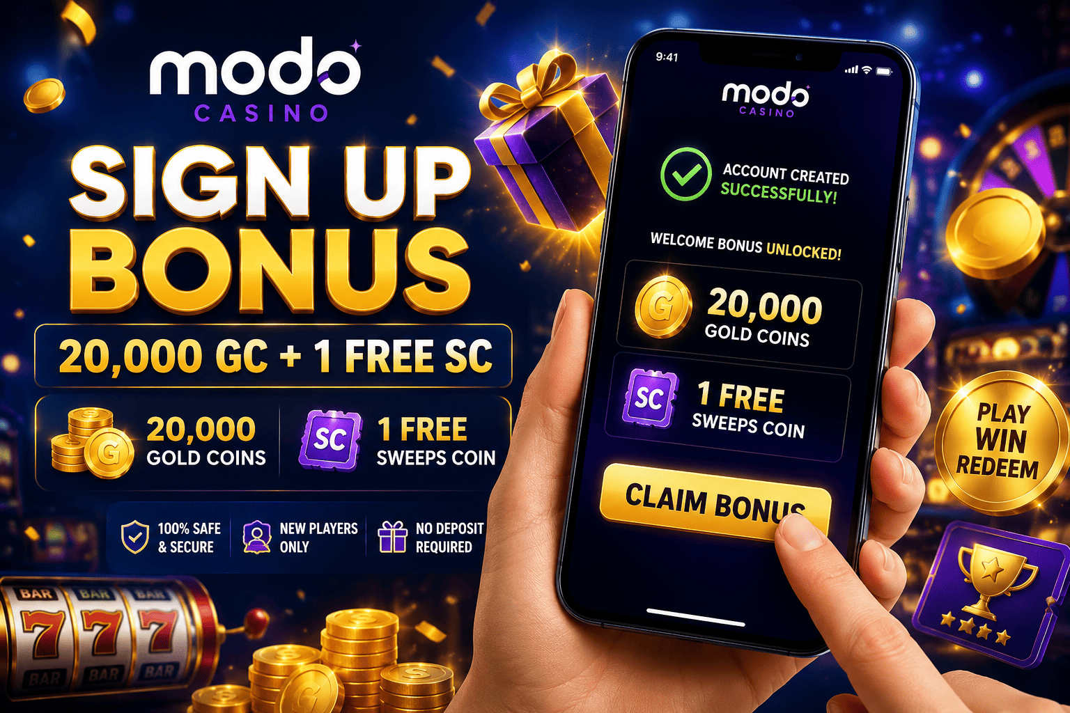 Modo Casino sign up bonus screen showing 20,000 Gold Coins and 1 Free SC with claim bonus button for new players