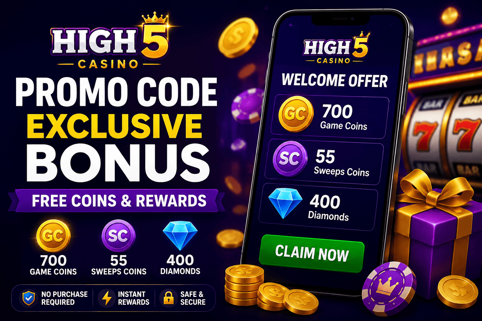 High 5 Casino Promo Code featured image showing welcome bonus, free Game Coins, Sweeps Coins, and Diamonds