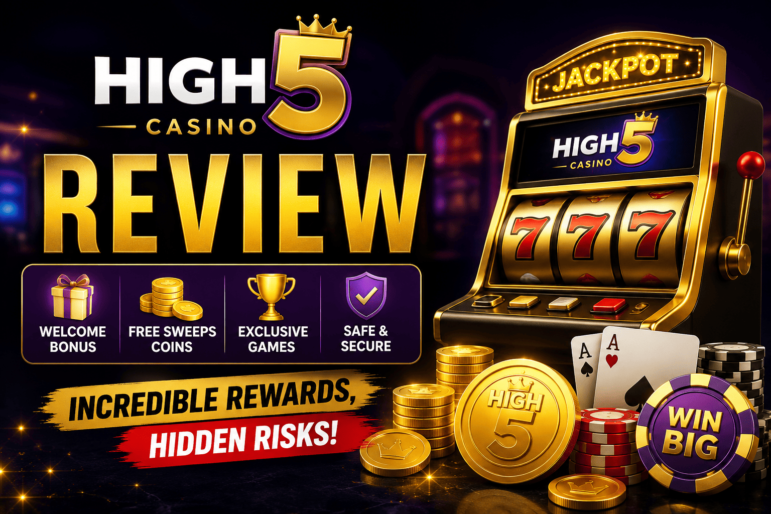High 5 Casino featuring welcome bonus, free Sweeps Coins, exclusive games, payouts, and casino rewards