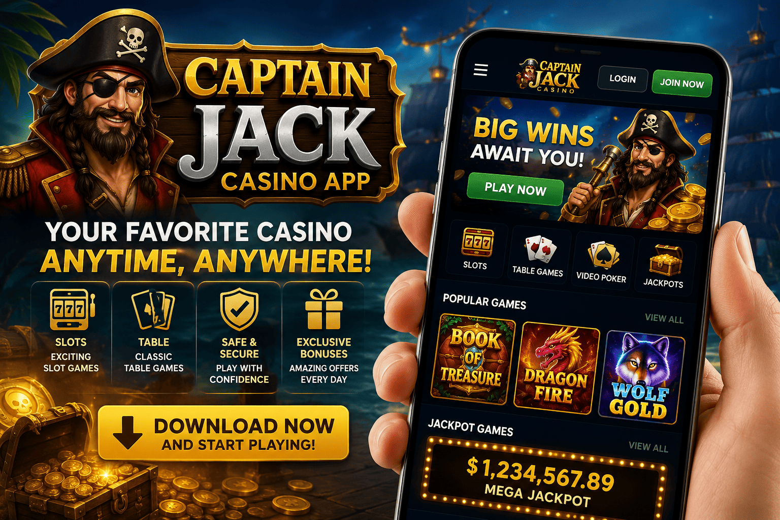 Captain Jack Casino App on smartphone with casino games and mobile gaming features