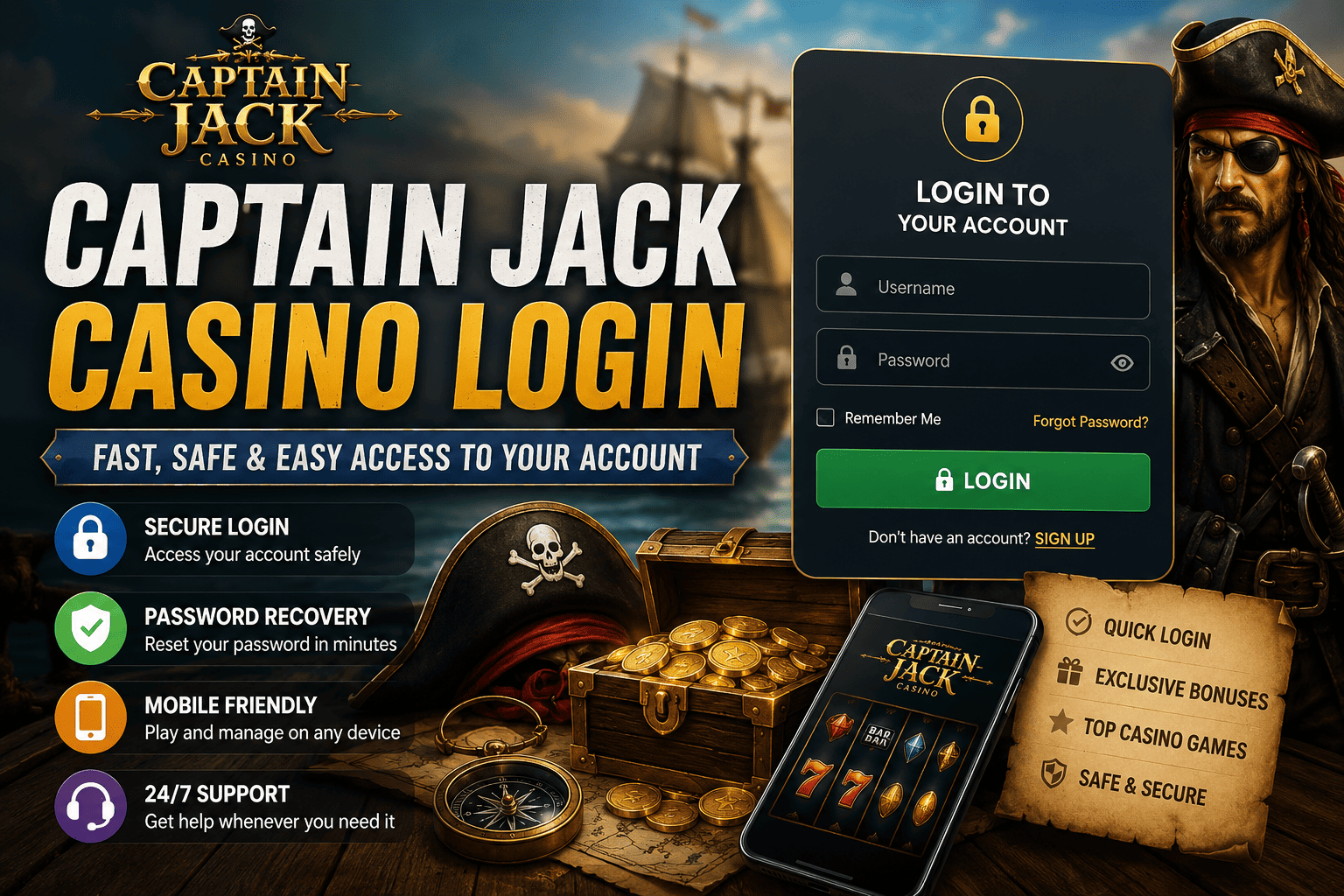 Captain Jack Casino login guide banner showing secure login and mobile access features