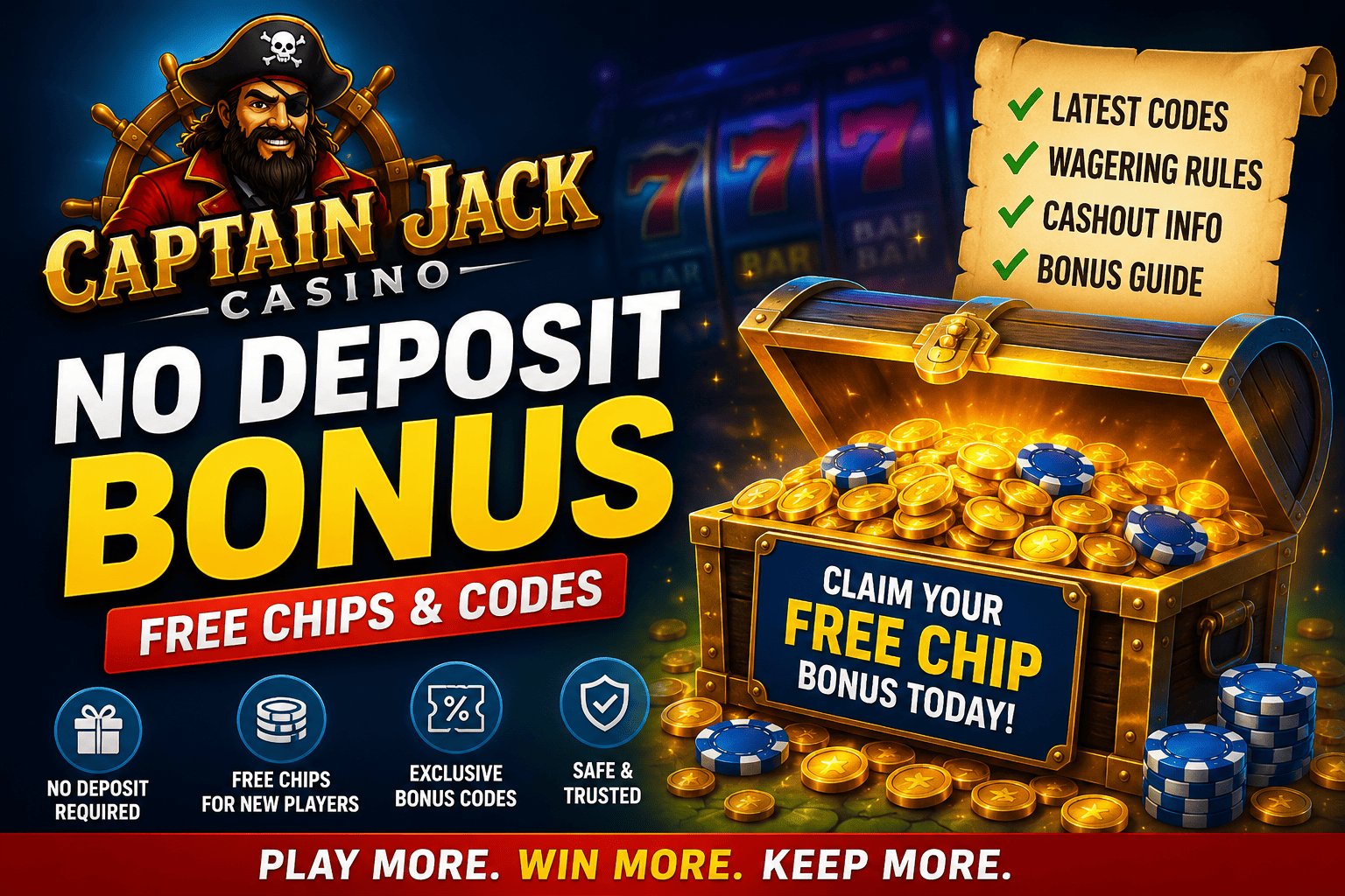 Captain Jack Casino no deposit bonus banner showing free chips, promo codes, and treasure chest for new players