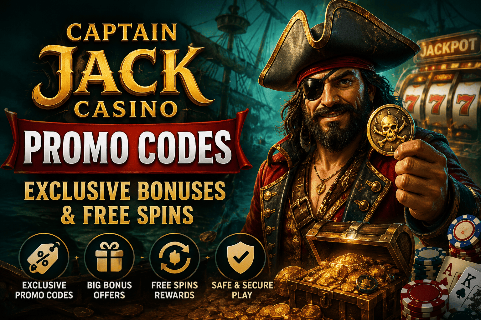 Captain Jack Casino Promo Codes featuring exclusive bonuses, free spins offers, pirate-themed casino rewards, and promotional deals for online players