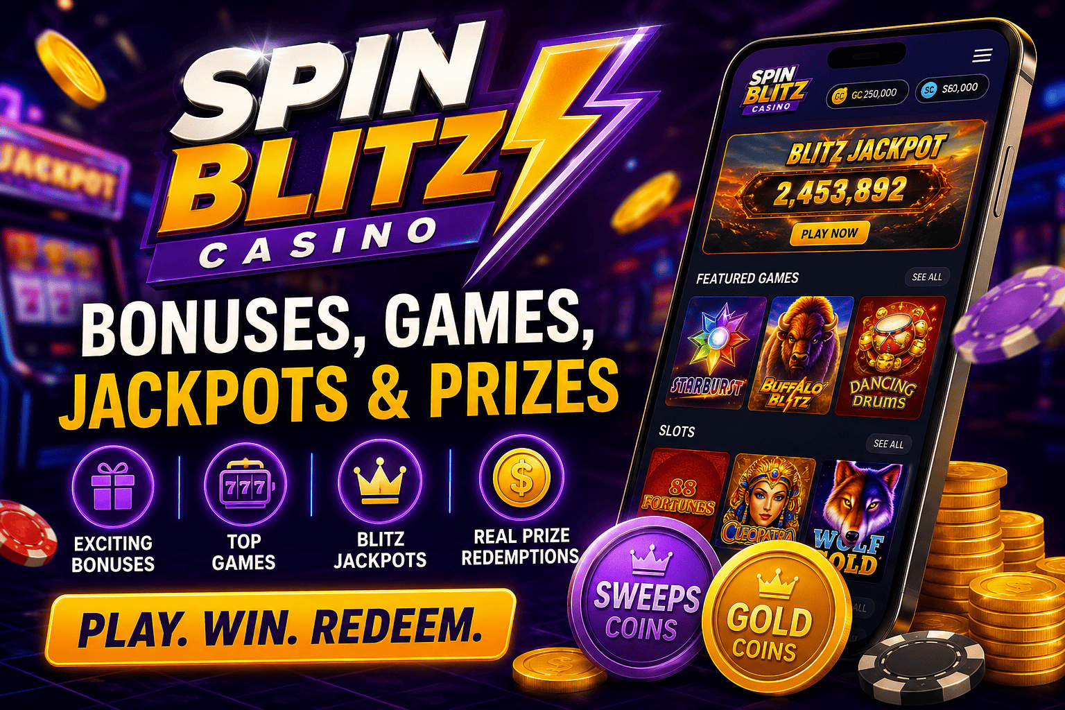 Spin Blitz Casino bonuses, jackpot games, Sweeps Coins rewards, and prize redemption features overview
