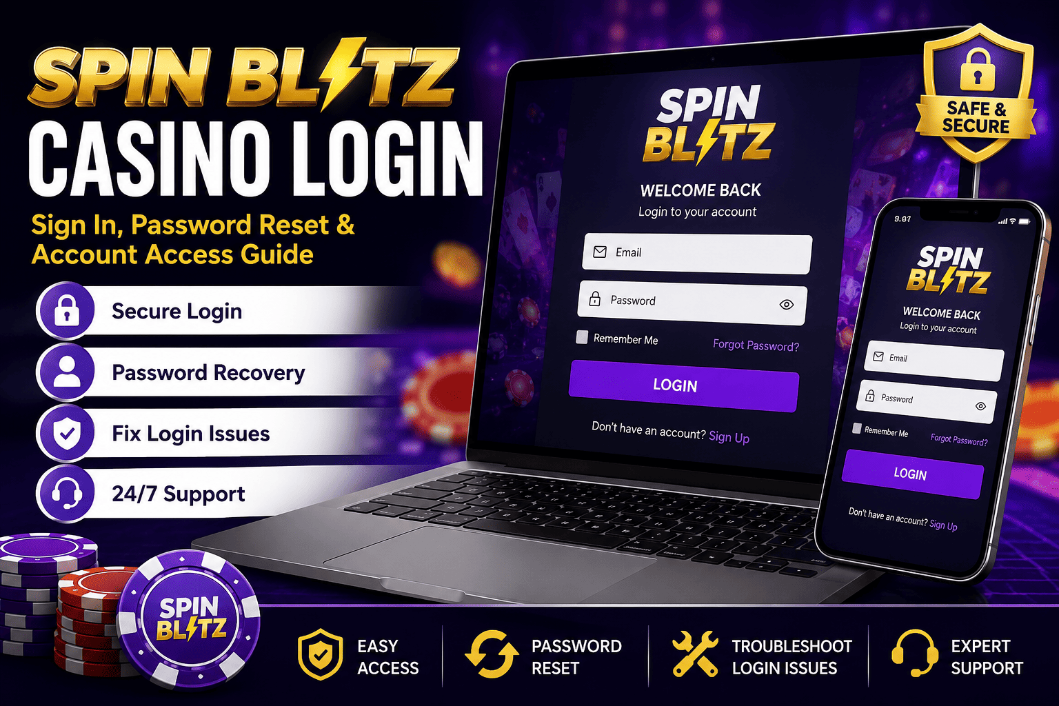 Spin Blitz Casino Login guide shown on laptop and mobile with password reset and account access support