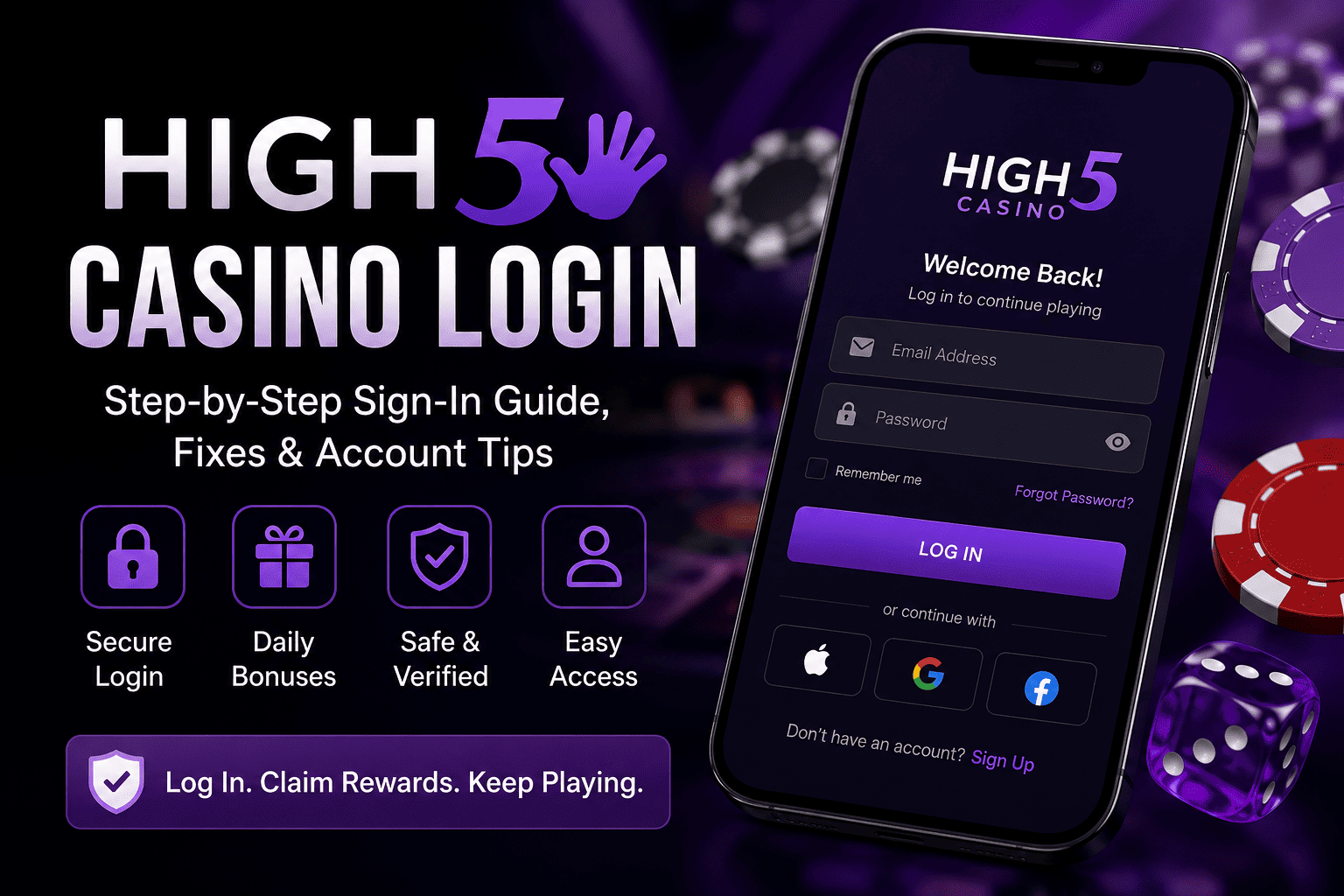 High 5 Casino Login screen on mobile with secure sign in, daily rewards, account access and login guide features