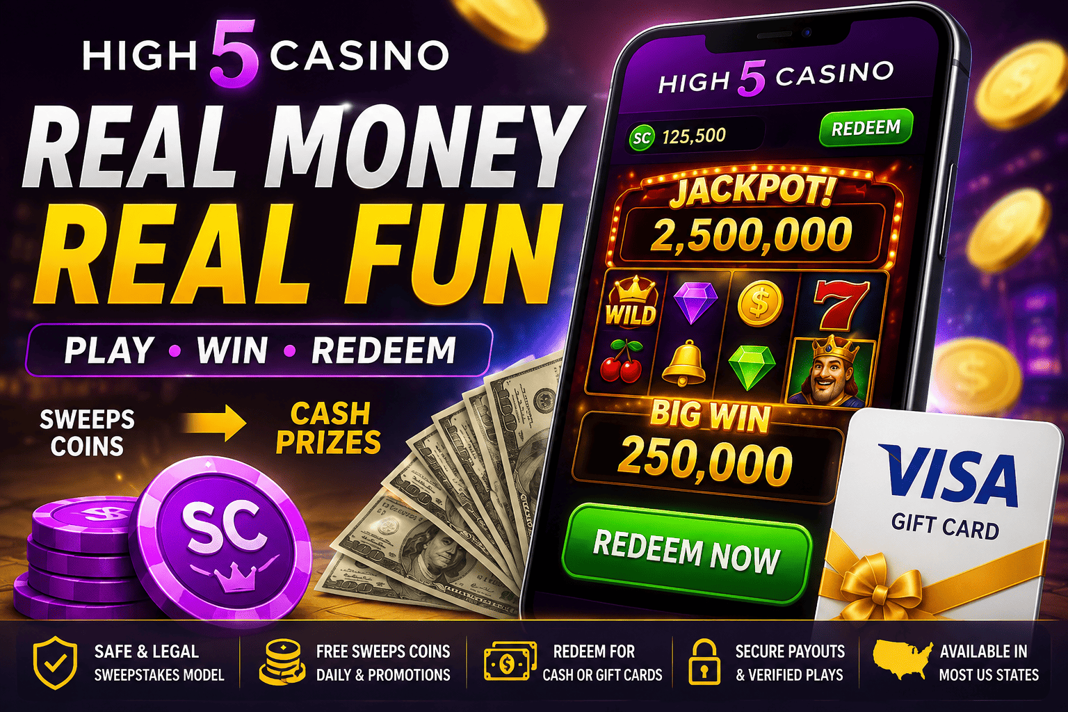 High 5 Casino Real Money guide showing Sweeps Coins, exciting slot games, cash prizes, and secure redemptions