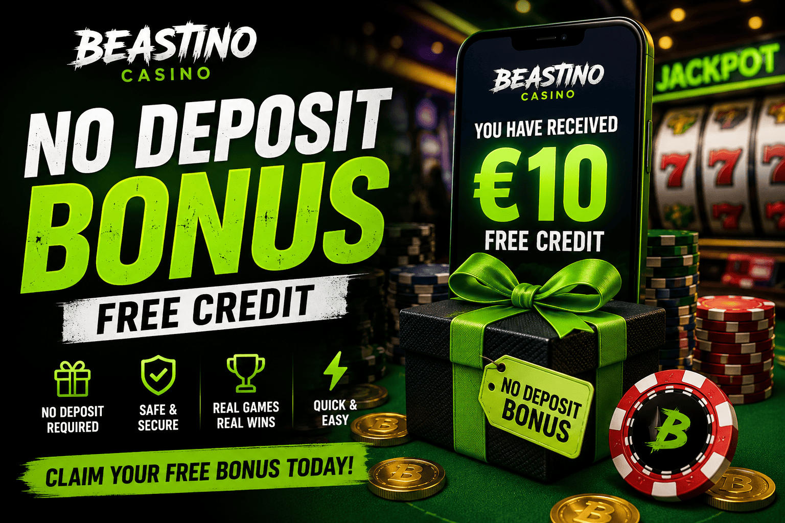 Beastino Casino No Deposit Bonus with €10 free credit, casino rewards, bonus gift, and easy claim details