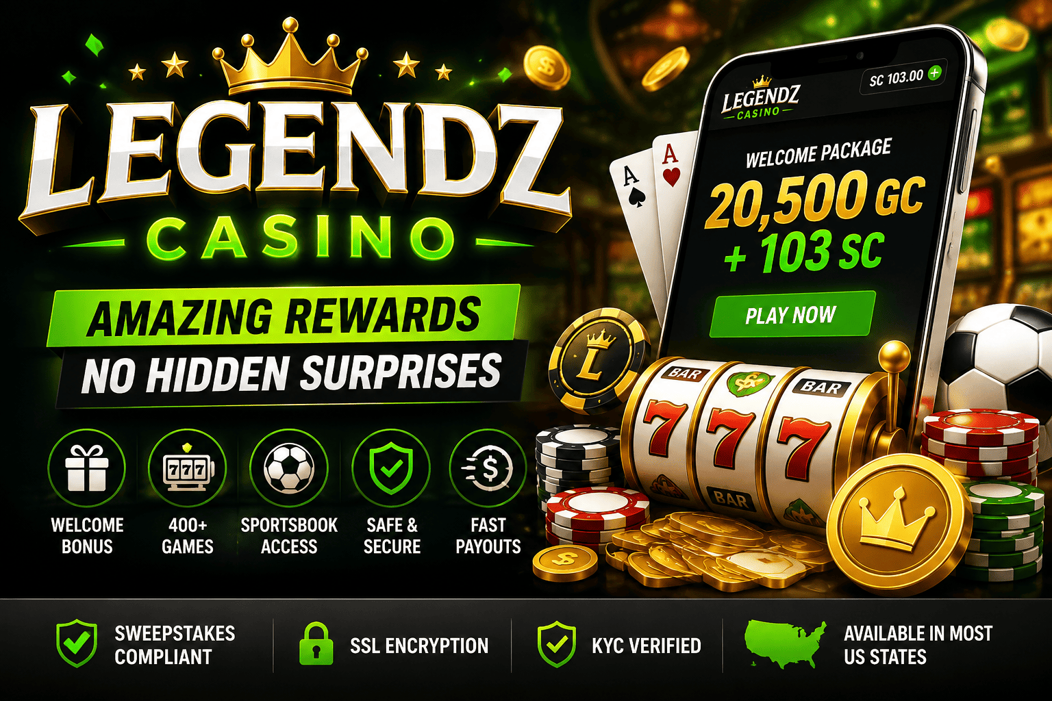 Legendz Casino with amazing welcome rewards, 400+ games, sportsbook access, secure play, and fast payouts