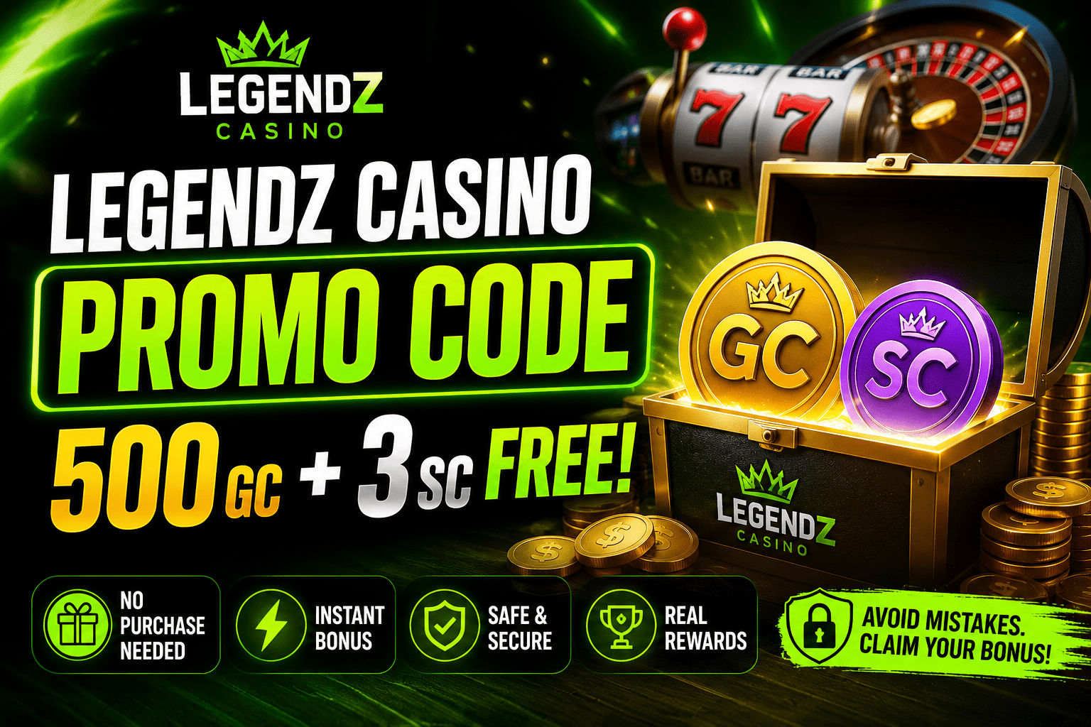 Legendz Casino Promo Code bonus banner with 500 GC and 3 SC free coins, exclusive welcome rewards for new players.