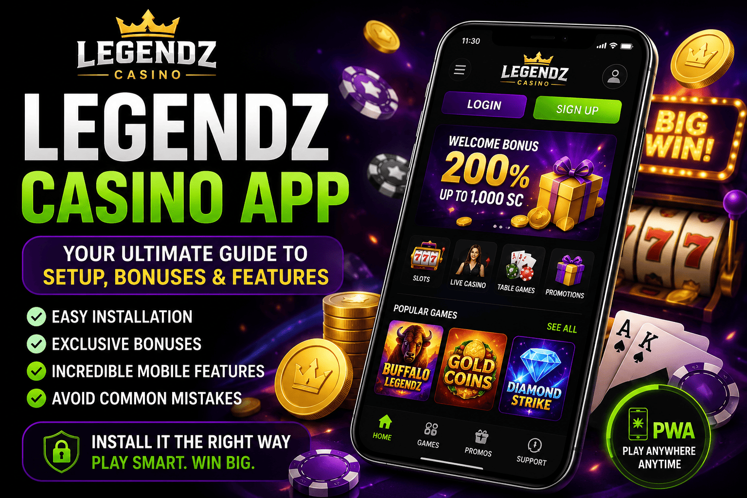 Legendz Casino App guide showing mobile installation, bonuses, PWA features, and casino gaming on iPhone.