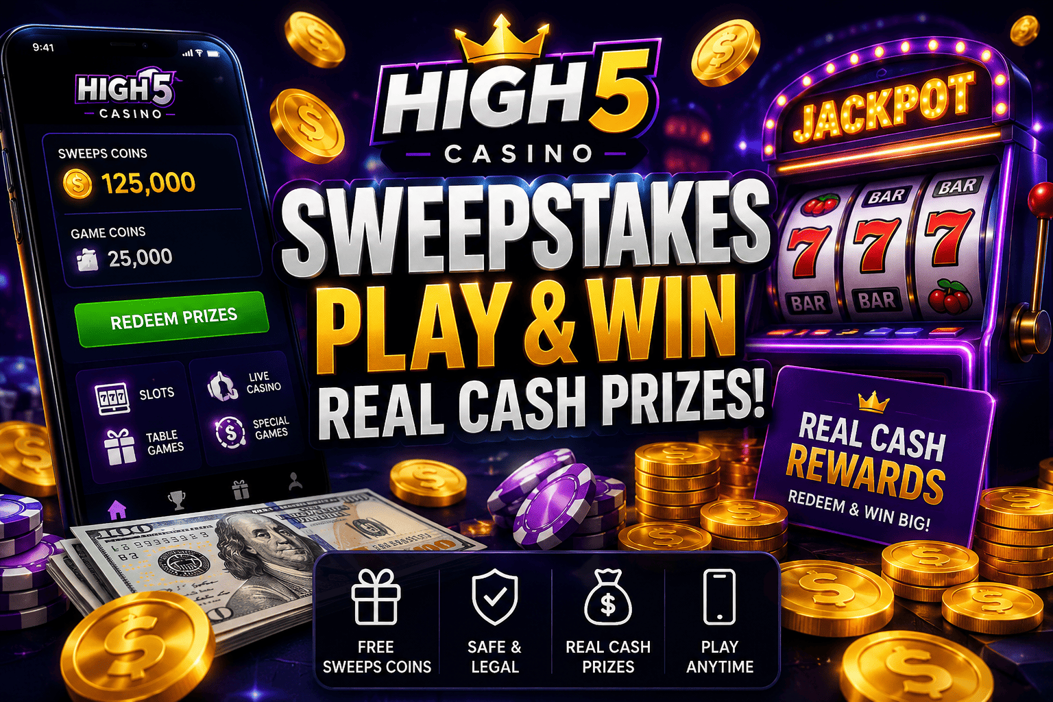 High 5 Casino Sweepstakes featured image showing free Sweeps Coins, real cash rewards, and exciting prize gameplay